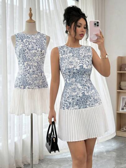 SHEIN Elenzya 女士无袖短款碎花连衣裙，优雅褶裥下摆设计，适合春夏度假、日常通勤、用餐、约会和派对等场合。