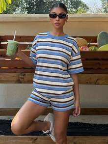 Muchica 休闲不规则条纹学院风条纹度假女装夏季印花圆领短袖T恤和条纹短裤休闲两件套，适合春夏度假 - 彩色 - 查看 5