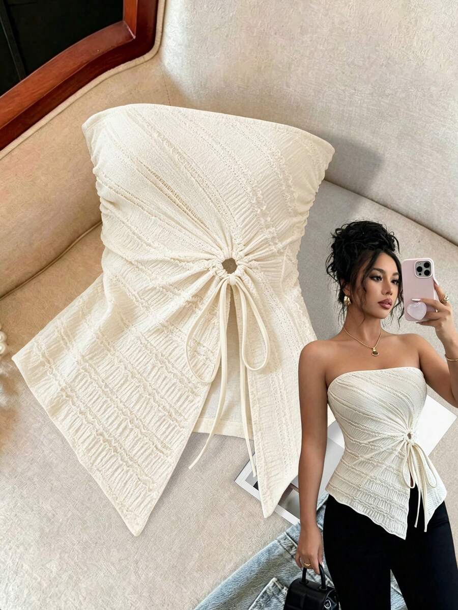 Women's European And American Strapless Sleeveless Textured Fabric Party Gathering Ruched Asymmetric Elegant Knit Stretchy Top - Apricot - View 1