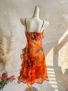 Soleia Plus Size Vintage Bohemian Animal Print Orange Jellyfish Ruffle Trim Shiny Chiffon Dress Beach Vacation Summer - Multicolor - View 9