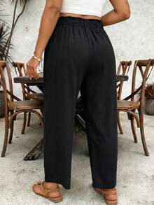 SHEIN VCAY Plus Size Women Solid Color Drawstring Waist Casual Versatile Daily Wear Pants Cotton Pants Women Linen Pants Women High Waist Loose Pants For Women Casual Pants For Women Wide Leg Pants Women - Black - View 2