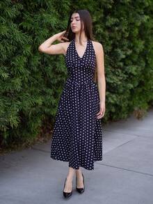 Andrea Bello 夏季優雅波點無背後頸連衣裙 - 黑與白 - 查看 4