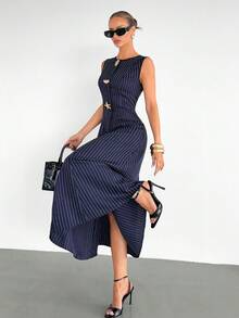 Siren Gaze 藏蓝色条纹优雅连衣裙，适合夏季度假、嘉年华、婚礼、海滩派对、婚礼宾客着装。 - 藏蓝色 - 查看 6