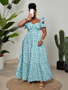 Maweii 大码女装春夏新款轻盈薄荷绿波点荷叶边吊带连衣裙，收腰双层荷叶边下摆长款连衣裙。适合浪漫假期、度假、聚会、约会、婚礼季以及作为引人注目的宾客装扮：度假风服装 - 彩色 - 查看 6