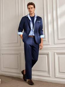 Officeau Men's Spring And Autumn Casual Suit Set, Includes Jacket And Pants - Navy Blue - View 3