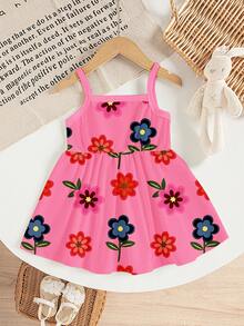 1件女婴休闲可爱花卉植物印花针织吊带连衣裙，夏季度假连衣裙 - 粉色 - 查看 3