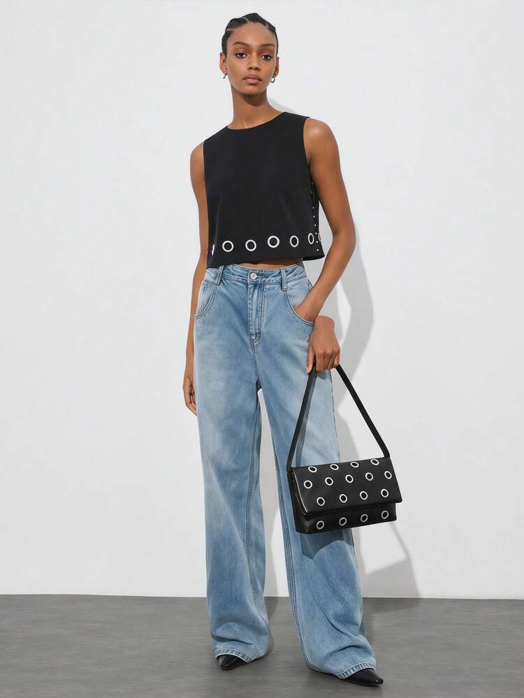 SHEIN Maija Ladies, Women Black Shoulder Bag, Faux Leather, Black Bag, Fashionable, Personalized, Simple, Versatile, Street, Retro, Rivets, For Commute, Office, Date, Daily, Shopping