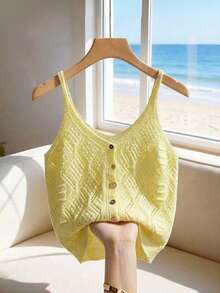Franclia Lightweight Hollow-Out Knit Sleeveless V-Neck Vest Top, Retro Waistcoat For Summer - Light Yellow - View 3