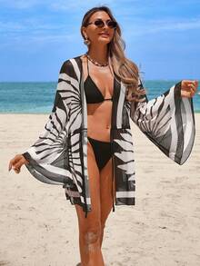 Swim Lushoire Women's Vacation Beach Mesh Shell Digital Print Flare Sleeve Elastic Waist Drawstring Tie Vacation Kimono Robe - Black - View 5