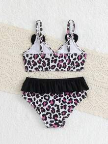 Young Girl Leopard Print Bow Decor Fashion Swimwear Set For Beach Vacation - Purple - View 2