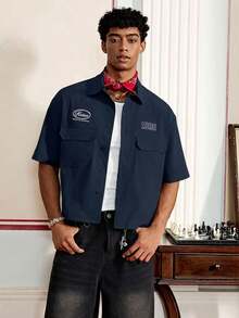 SWAVVY 男士字母印花短袖单排扣工装口袋衬衫 - 寶藍色 - 查看 4