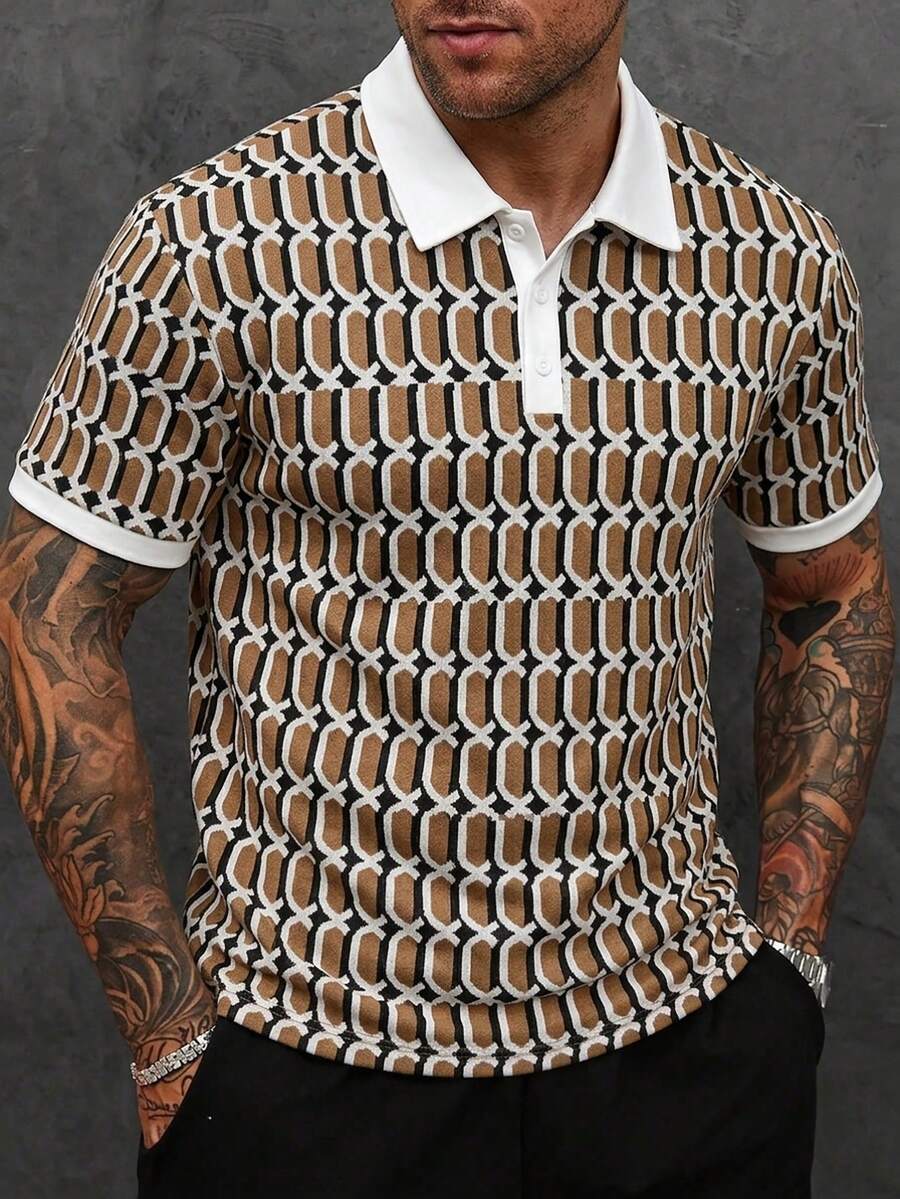 Manfinity Homme 男士格纹提花 Polo 衫，时尚男士衬衫，适合外出、派对、聚会、街头风等各种场合，包括高端休闲、日常休闲、周末旅行、户外活动、探险旅行、轻松的工作环境或半正式场合。也是送给男友/丈夫、周年纪念/生日、派对、圣诞节和新年等场合的理想礼物。 - 彩色 - 查看 1