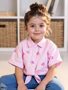 SHEIN Genkimix Kids 年轻女孩度假海滩休闲百搭刺绣镂空白色宽松短袖衬衫，假日，夏季，旅行 - 粉色 - 查看 6