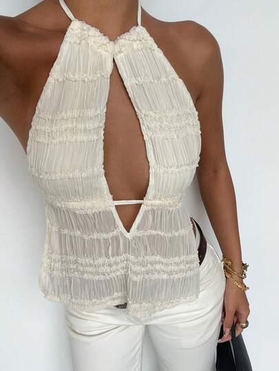DAZY Textured Pleated Fabric Solid Color Sexy Halter Backless Tie-Up Casual Beach Summer Top