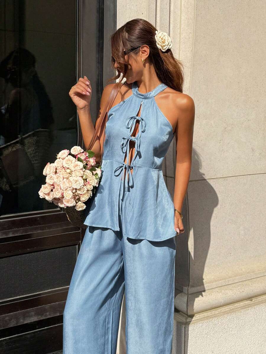 DAZY 女士露背吊带镂空系腰宽松牛仔连体裤 - 藍色 - 查看 1