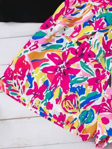 Conjunto de 2 piezas de top de tirantes con estampado floral tropical y shorts de cintura alta para niña preadolescente - Negro - Ver 6