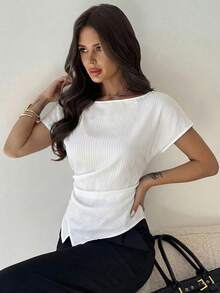 Firerie 休闲优雅格纹不对称下摆衬衫，适合通勤、日常休闲和时尚商务穿着/秋季女装/返校季/教师装/外出上衣/商务休闲女装/条纹衬衫/商务休闲女装/教师衬衫 - 白色 - 查看 3