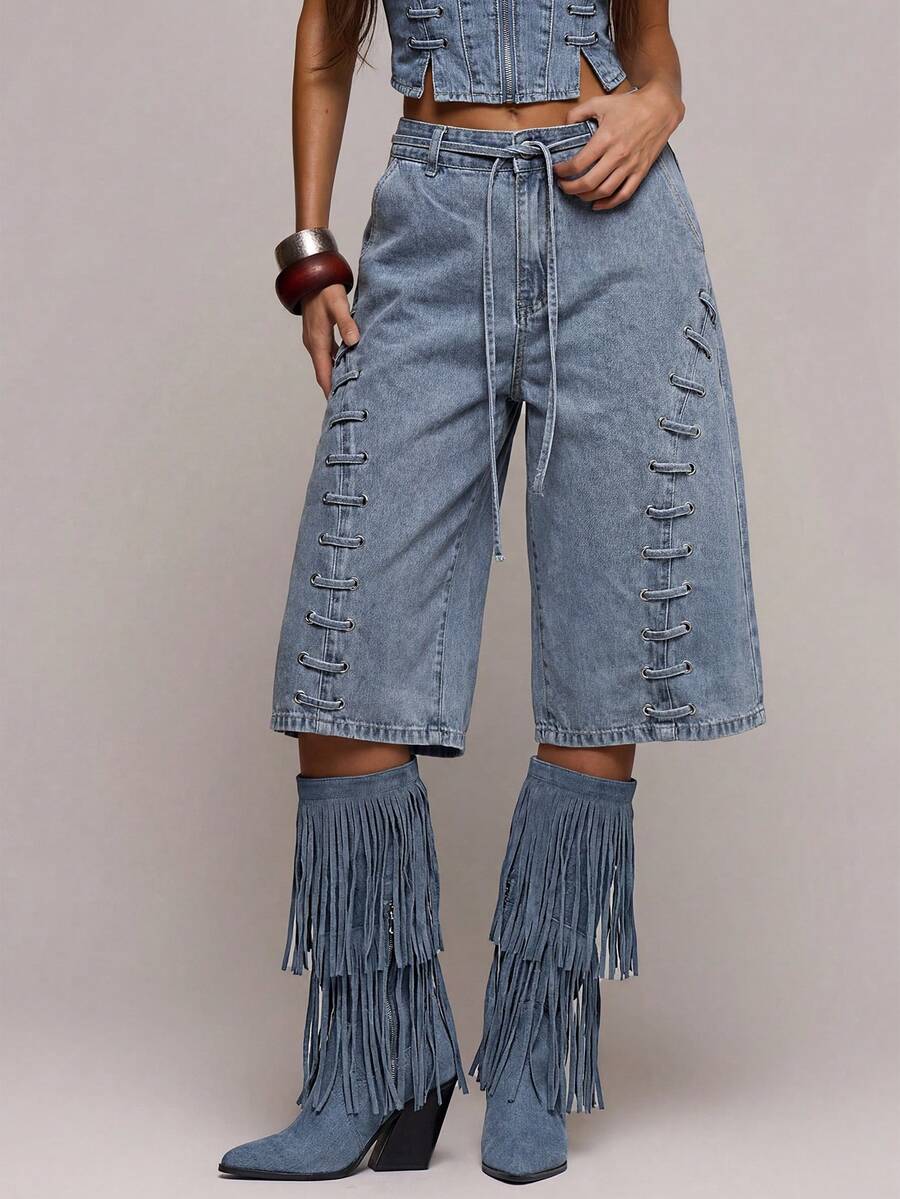 MUSERA Quần short denim dáng rộng, buộc dây, kiểu dáng gợi cảm, thích hợp cho mùa xuân hè, hẹn hò, đi club, lễ hội, kỳ nghỉ, du lịch. - Rửa nhẹ - Xem 1