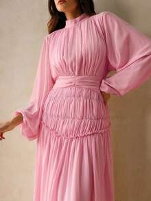 Anewsta Essential Women's Lantern Sleeve Mid-Length Dress, Extra Long Elegant Chiffon Long Sleeve Dress, Casual Summer Dress - Pink - View 6