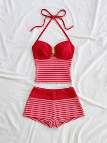 Soleia 两件套度假休闲条纹针织纹理金属扣吊带露脐上衣和短裤套装，适合派对、情人节、约会之夜、夜店、波西米亚风、复古风、假日等场合。 - 紅色 - 查看 8