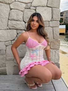 Maria Perezxox Women's Peach Starfish Decor Double Ruffle Hem Halter Knit Dress, Suitable For Holiday, Date, Afternoon Tea, Beach, Cruise, City Vacation, Wedding Season, Music Festival, Boho Vacation Crochet Dress Beach Dress - Pink - View 3
