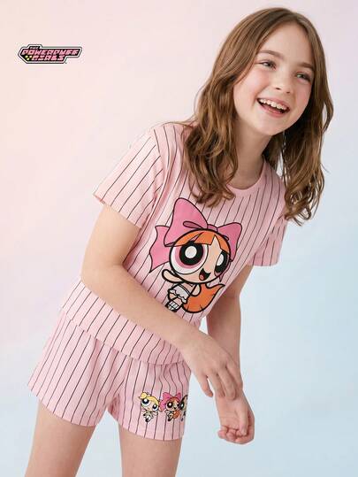 THE POWERPUFF GIRLS X SHEIN Maija Kids 少女休闲卡通印花圆领短袖短裤睡衣套装，适合夏季穿着