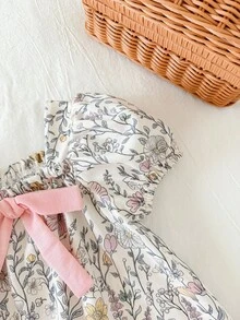 SHEIN 女婴可爱夏季度假碎花蝴蝶结连衣裙，婴幼儿碎花连衣裙，娃娃衫 - 彩色 - 查看 5