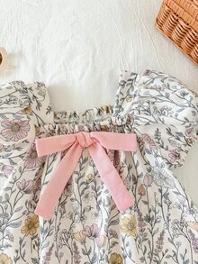 SHEIN 女婴可爱夏季度假碎花蝴蝶结连衣裙，婴幼儿碎花连衣裙，娃娃衫 - 彩色 - 查看 6