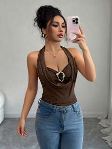 SHEIN Elenzya Women's Elegant Black Draped Neck Sleeveless Fitted Tank Top With Metal Decor, Ruched Design, Suitable For Spring And Summer Zipper Top Body Tops For Ladies - Coffee Brown - View 4
