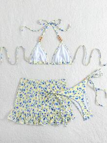 Swim SXY 3pcs Floral Print Halter Beaded Top, Tie-Front Swim Bottoms And Skirt Bikini Set - Multicolor - View 2