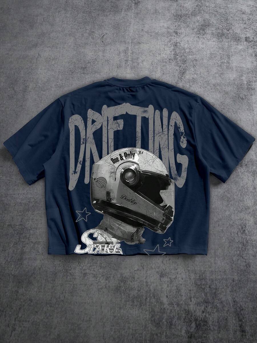 Manfinity ZONE917 Men's Letter Helmet & Figure Print Short Sleeve Casual T-Shirt - Blue - View 1
