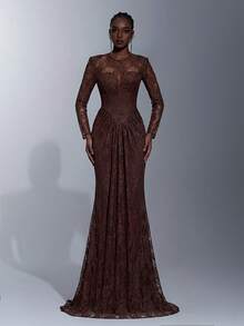 Elitara Elegant 3D Lace Round Neck Wide Shoulder Padded Sheer Long Sleeve Waist Ruched Fishtail Hem Backless Dress For Formal Weddings - Coffee Brown - View 7
