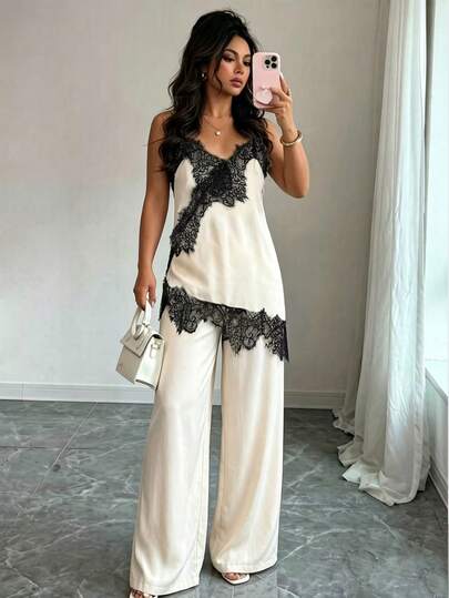 Elenzga Conjunto de 2 piezas de mujer con camiseta de encaje con parches y pantalones con bajo asimétrico, elegante para vacaciones de primavera/verano