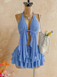 Soleia Plus Size New Light Blue Summer Boho Beach Holiday Knit Textured Halter Neck Asymmetric Hem Top + Low Waist Layered Ruffle Hem Skirt 2 Piece Set - Blue - View 7
