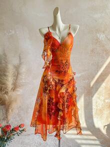 Soleia Plus Size Vintage Bohemian Animal Print Orange Jellyfish Ruffle Trim Shiny Chiffon Dress Beach Vacation Summer - Multicolor - View 13