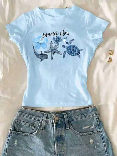 Tween Girls' Ocean Life & English Print Cropped Short Sleeve T-Shirt, Casual & Comfortable For Spring/Summer, Design Suitable For Outdoor, Picnic, Street Photography, Vacation, Holidays, Gifts
