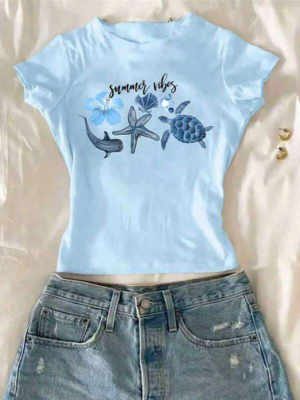 Camiseta de manga corta cropped con estampado de vida marina e inglés para niñas preadolescentes, casual y cómoda para primavera/verano, diseño adecuado para exteriores, picnics, fotografía callejera, vacaciones, días festivos, regalos