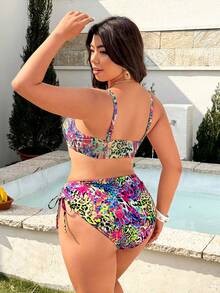Swim Vcay Plus Size Women 2pcs/Set Random Print Casual Swimwear Set - Multicolor - View 2