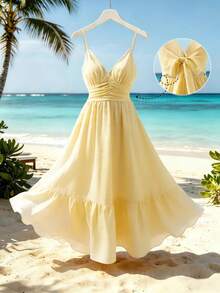 Selianne Women's Yellow Spaghetti Strap V-Neck Waist Gathered Ruffle Hem Dress, Gentle Style For Date And Outing, Minimalist Long Dress For Spring/Summer - Yellow - View 1