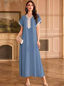 Al Najma Embroidered Floral Shoulder Sleeve V-Neck Elegant Arabic Dress - Dusty Blue - View 1