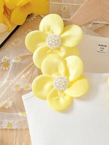 Elladie kids 两件套：女童时尚白色碎花串珠圆领背心和弹力腰带玫红色修身短裤，适合生日、度假、派对、夏季穿着 - 黃色 - 查看 3