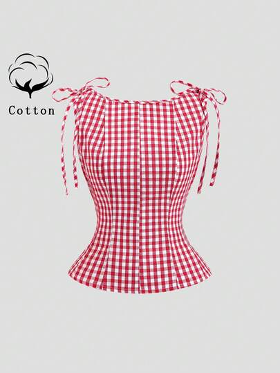Sweetra Retro Red Plaid Design Casual Shirt With Cotton Blend, Bow Tie Decor, Versatile For Spring/Summer Commute, Fashion Chic Girlfriend Style