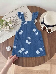 Falda peto de mezclilla lavada con estampado completo de cerezas para niñas pequeñas de moda informal - Azul - Ver 2