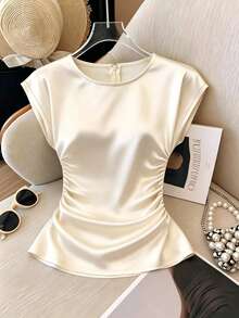 Resyla Plus Size Women Solid Color Round Neck Pleated Casual Versatile Daily Wear Top - Beige - View 1