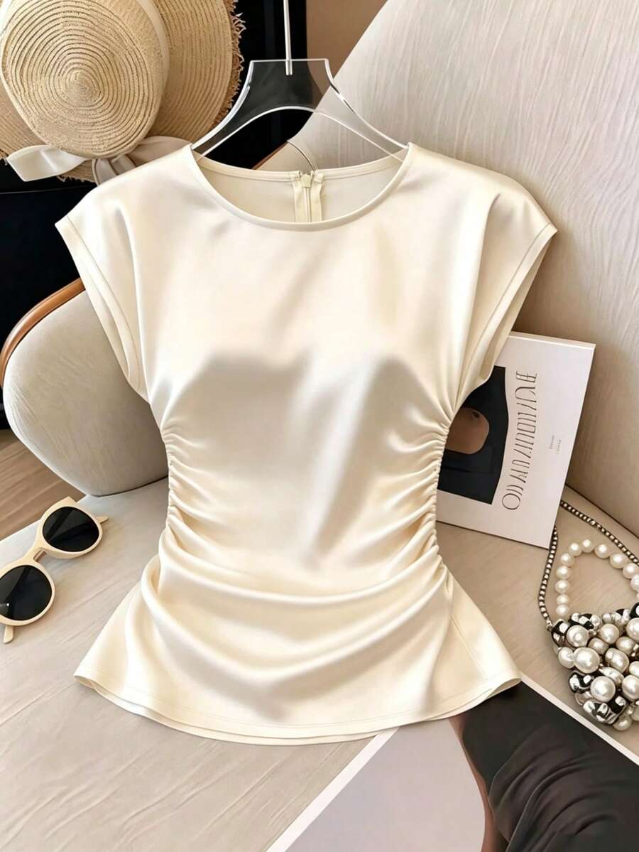 Resyla Plus Size Women Solid Color Round Neck Pleated Casual Versatile Daily Wear Top - Beige - View 1