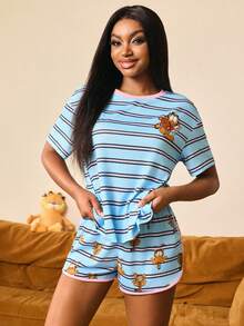 GARFIELD | SHEIN 女士卡通印花短袖T恤和短裤睡衣套装 - 藍色 - 查看 4