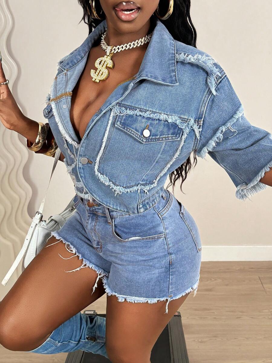 SHEIN BamGlam Trang phục cao bồi nữ, áo khoác ngắn tay bằng vải denim xanh không co giãn, trang phục mùa hè. - Rửa nhẹ - Xem 1