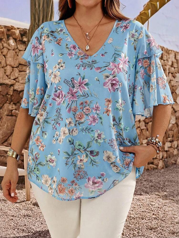 Plus Size Women Floral Print Ruffle Sleeve Loose Blouse