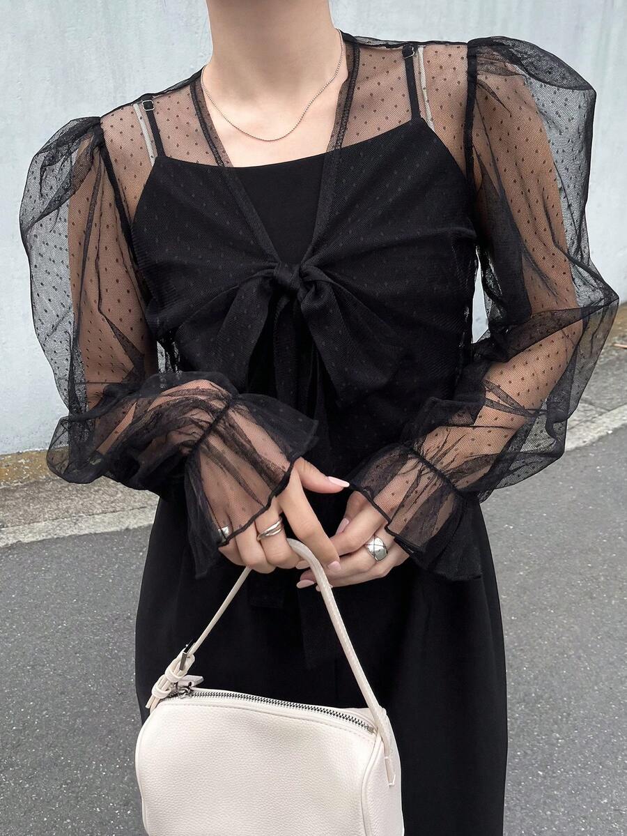 Set de 2 piezas: Top de malla con nudo delantero y mono con tirantes finos para mujer - Negro - Ver 1