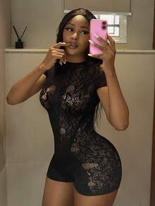 SHEIN HypeZone 女士性感黑色蕾丝提花连体裤 - 黑色 - 查看 4